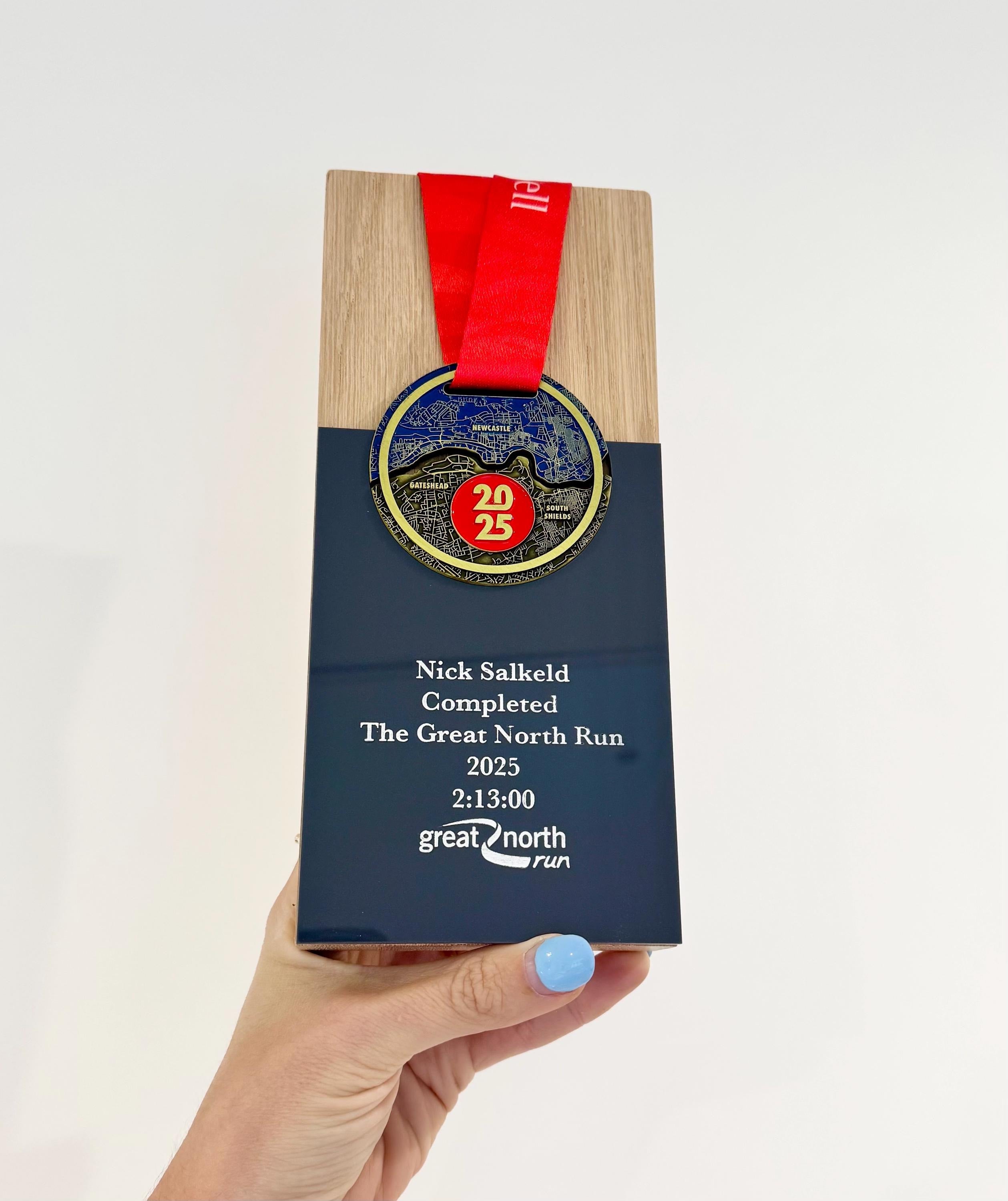 Great North Run 2025 Solid Oak Trophy, Engraved Half Marathon Plaque
