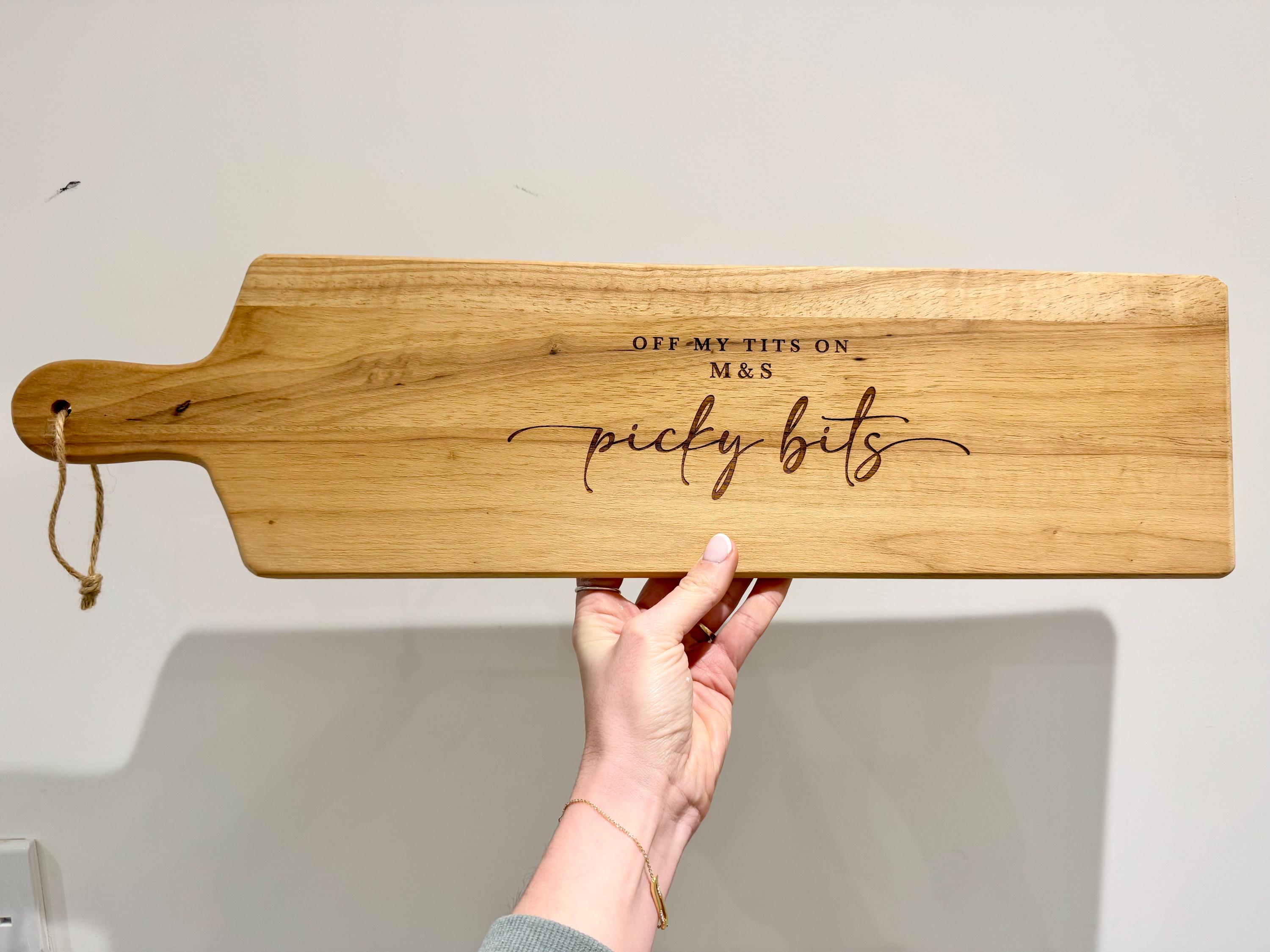 M&S Off My Tits On Picky Bits XL Charcuterie Board | Chopping Board | Serving | Engraved Acacia Wood