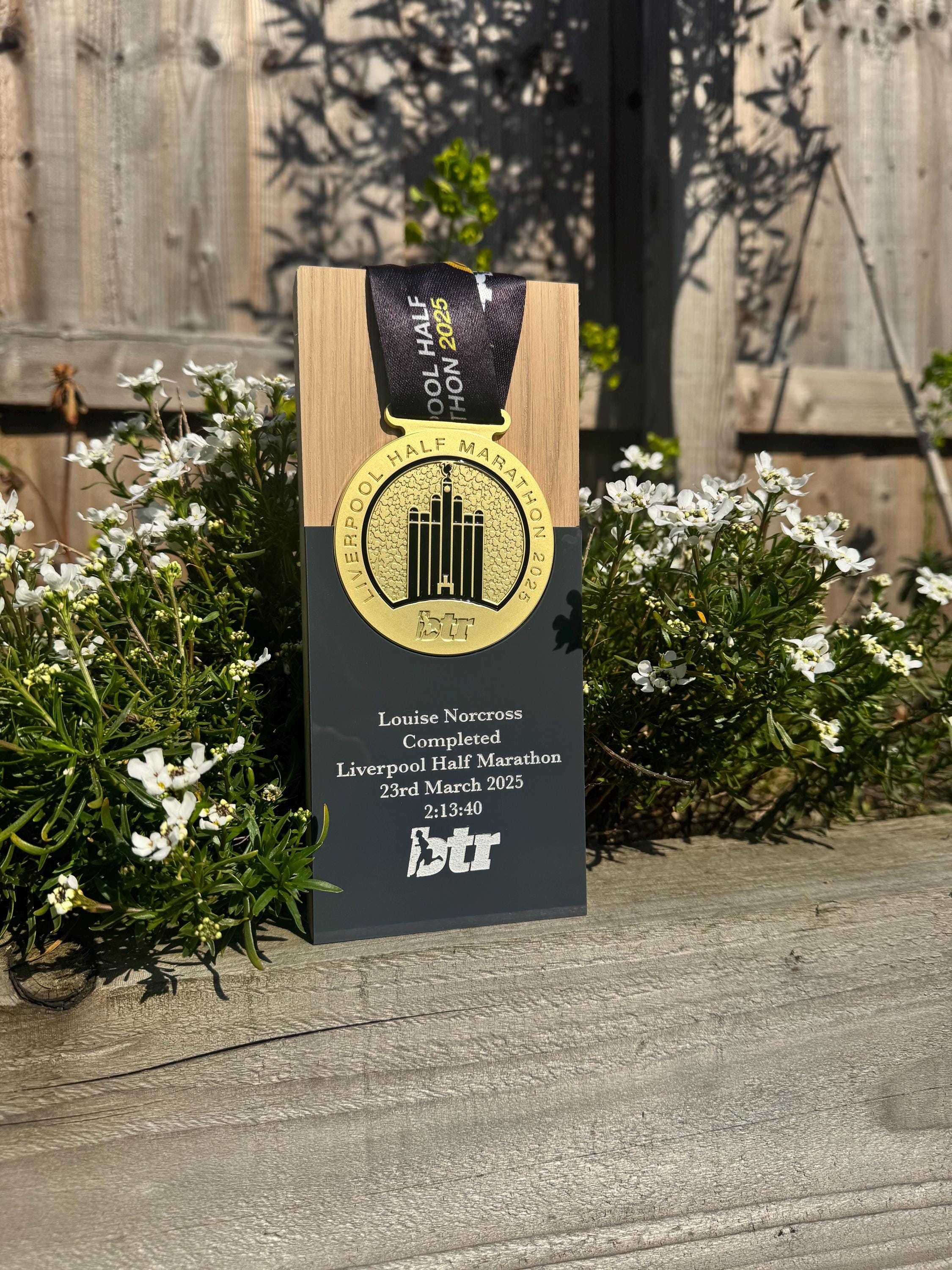 Personalized Liverpool Half Marathon 2025 Solid Oak Trophy Medal