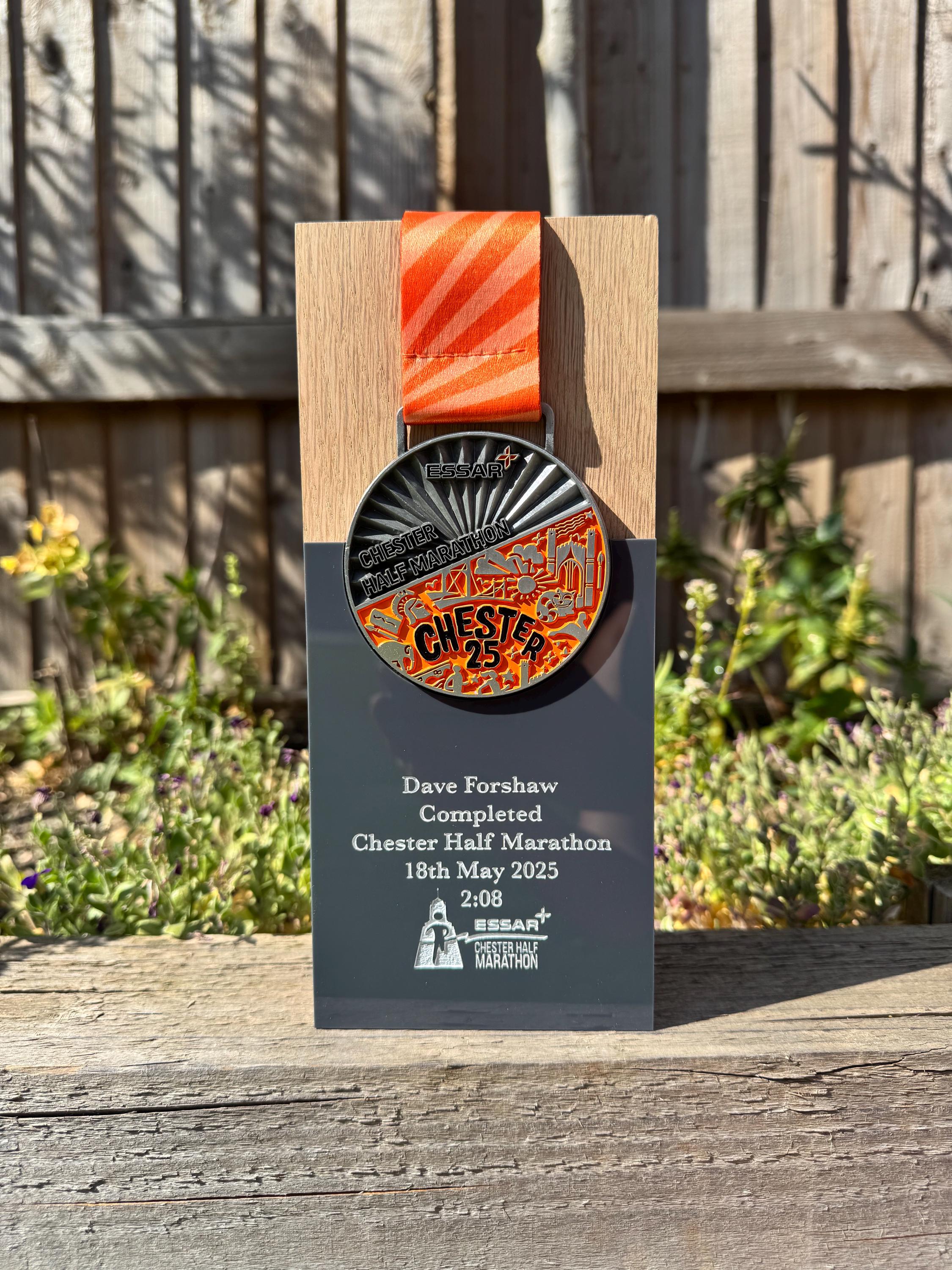 Engraved Oak Chester Half Marathon 2025 Trophy Medal Stand