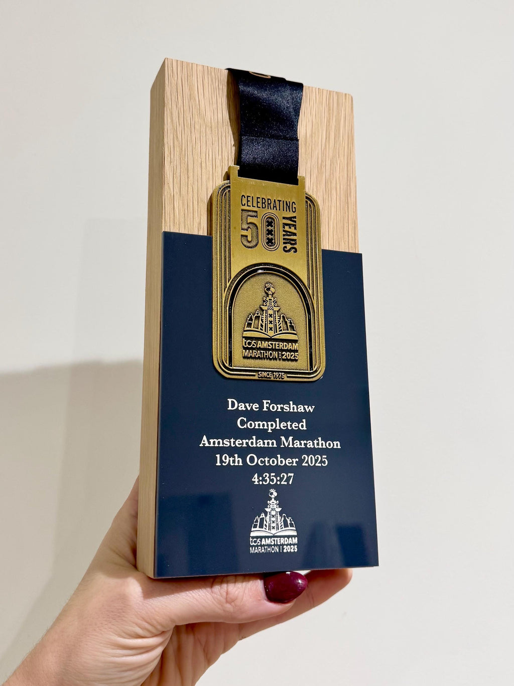 Amsterdam Marathon Trophy Made From Solid Oak Engraved and Personalised With Your Chosen Words