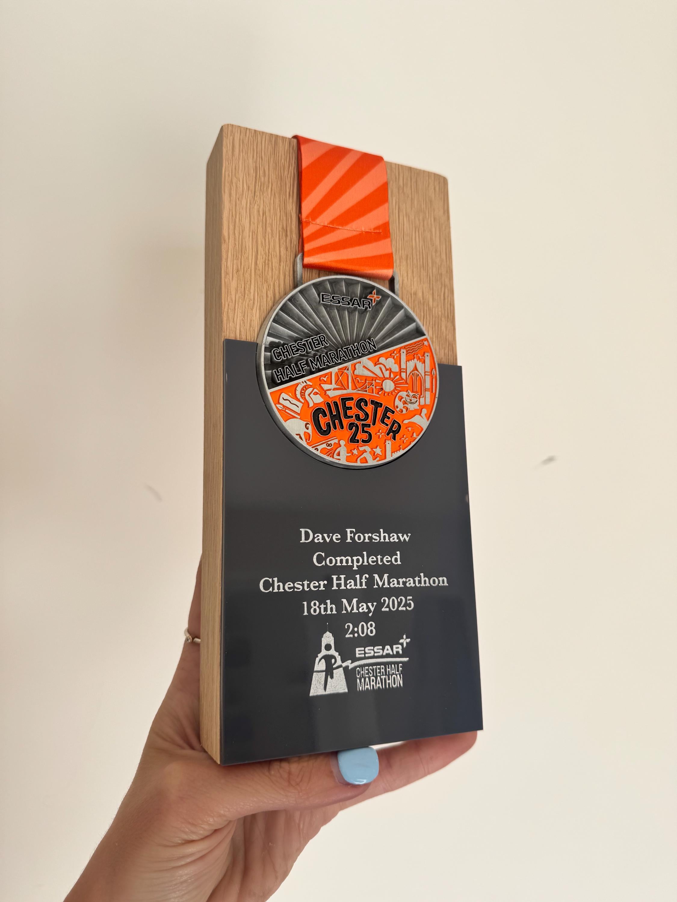 Engraved Oak Chester Half Marathon 2025 Trophy Medal Stand