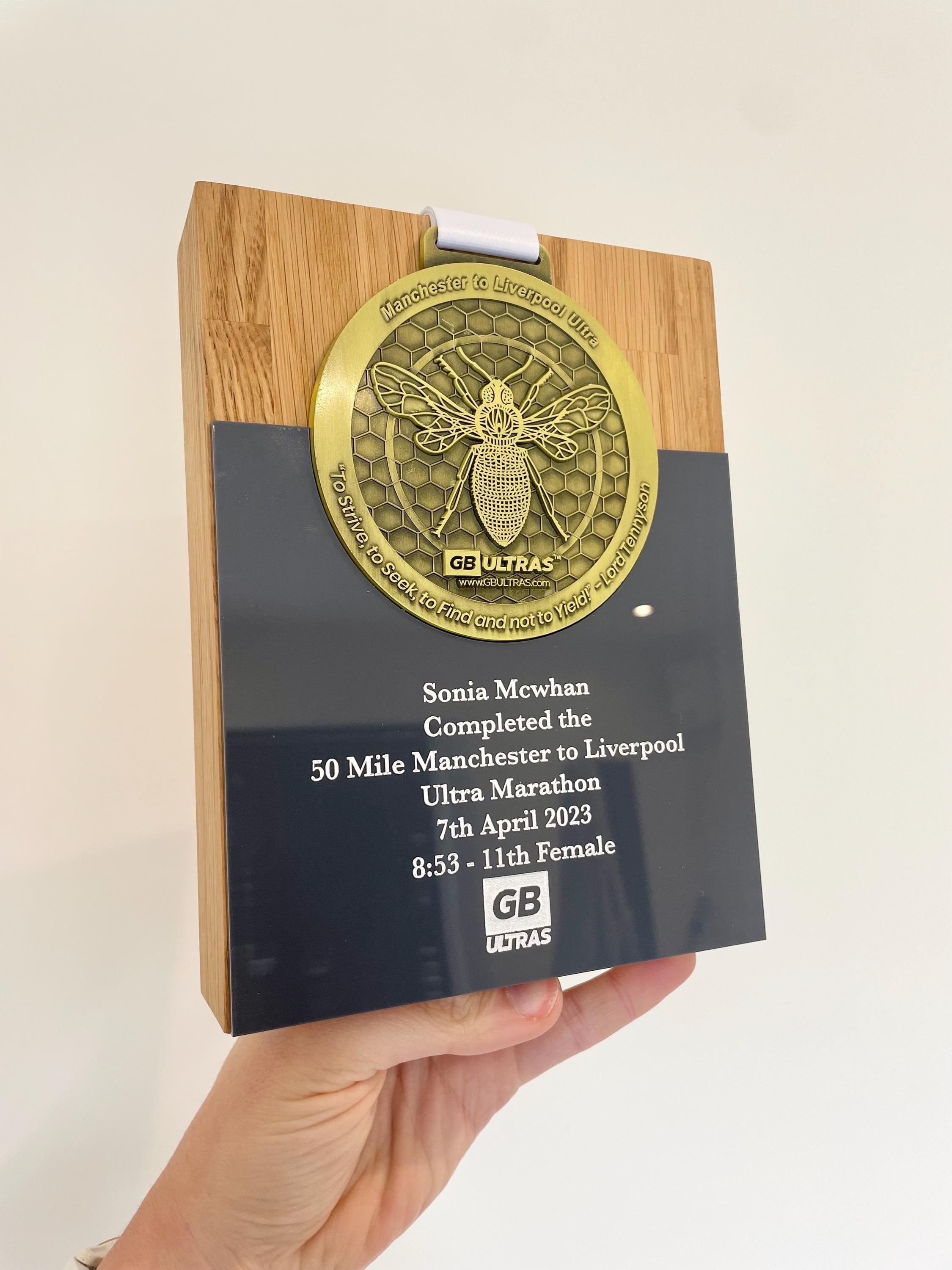 Personalized Ultra Marathon Medal Display, Engraved Solid Oak Trophy