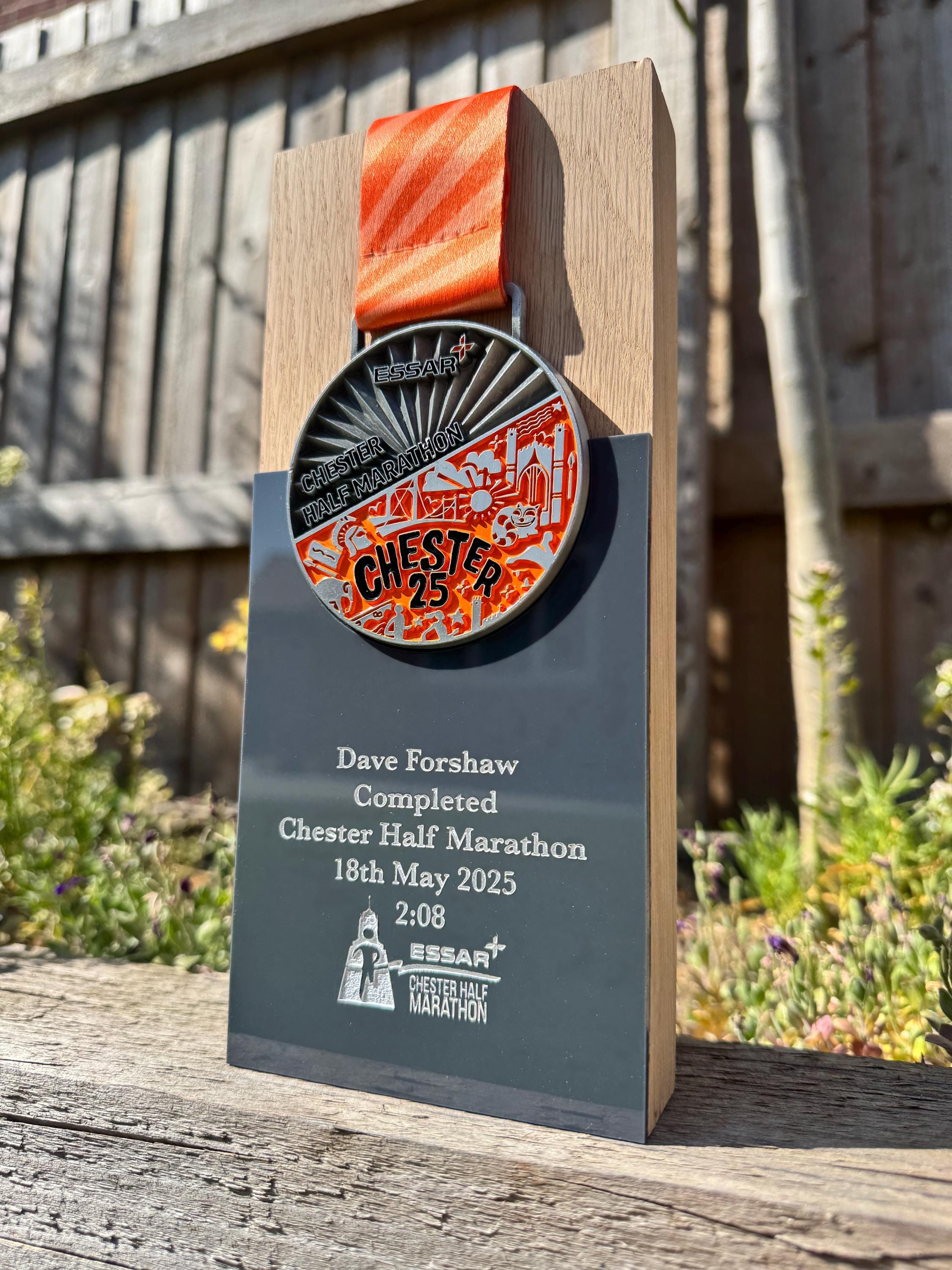 Engraved Oak Chester Half Marathon 2025 Trophy Medal Stand