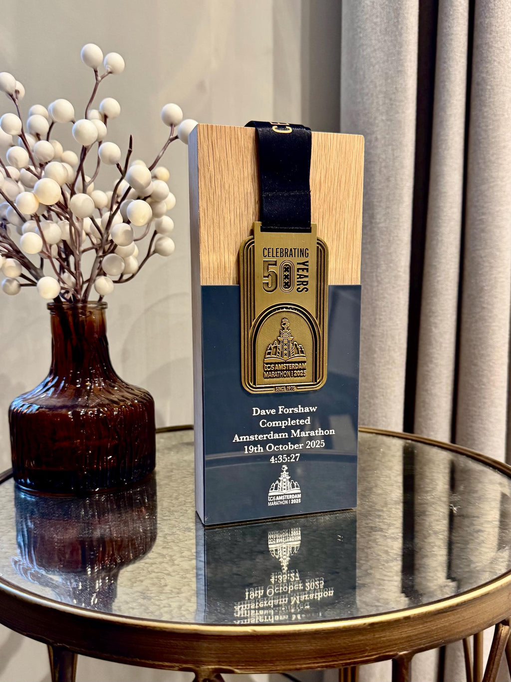 Amsterdam Marathon Trophy Made From Solid Oak Engraved and Personalised With Your Chosen Words