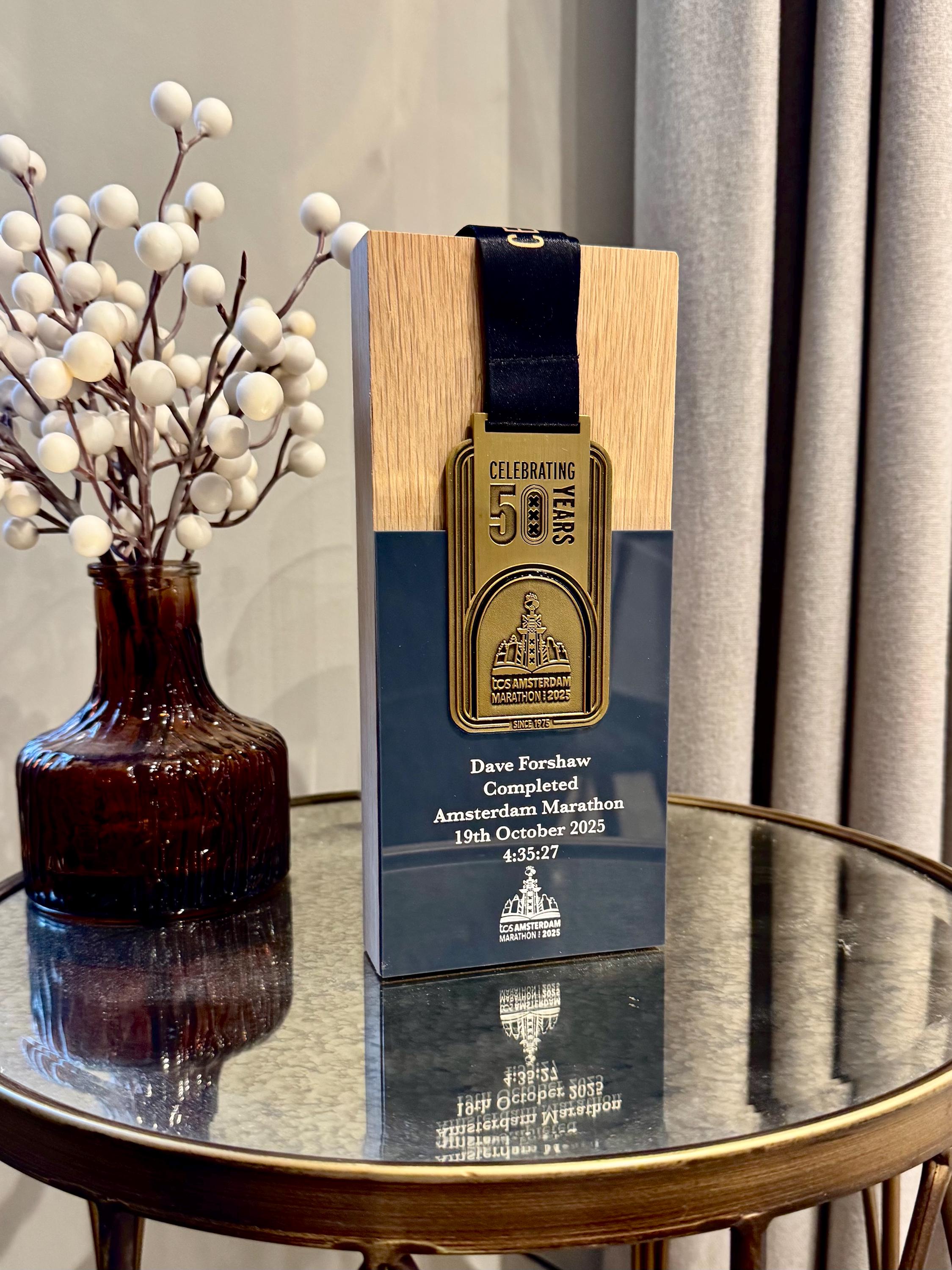 Amsterdam Marathon Trophy Made From Solid Oak Engraved and Personalised With Your Chosen Words