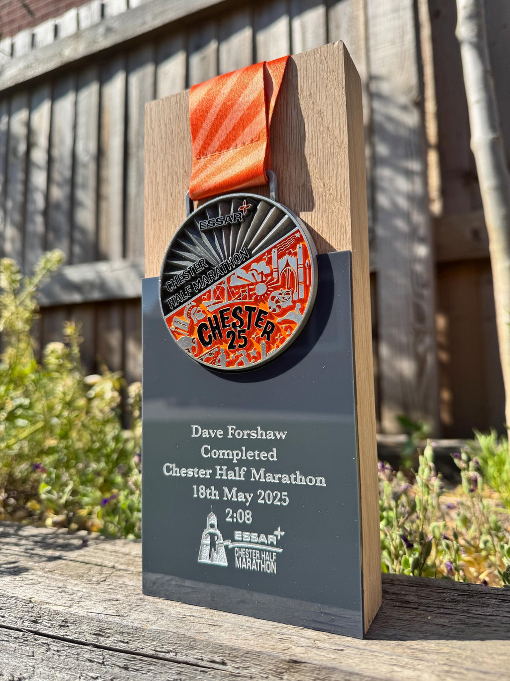 Engraved Oak Chester Half Marathon 2025 Trophy Medal Stand