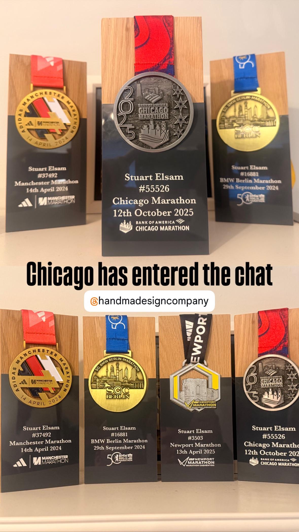 Personalised Chicago Marathon 2025 Solid Oak Trophy Medal Display Stand