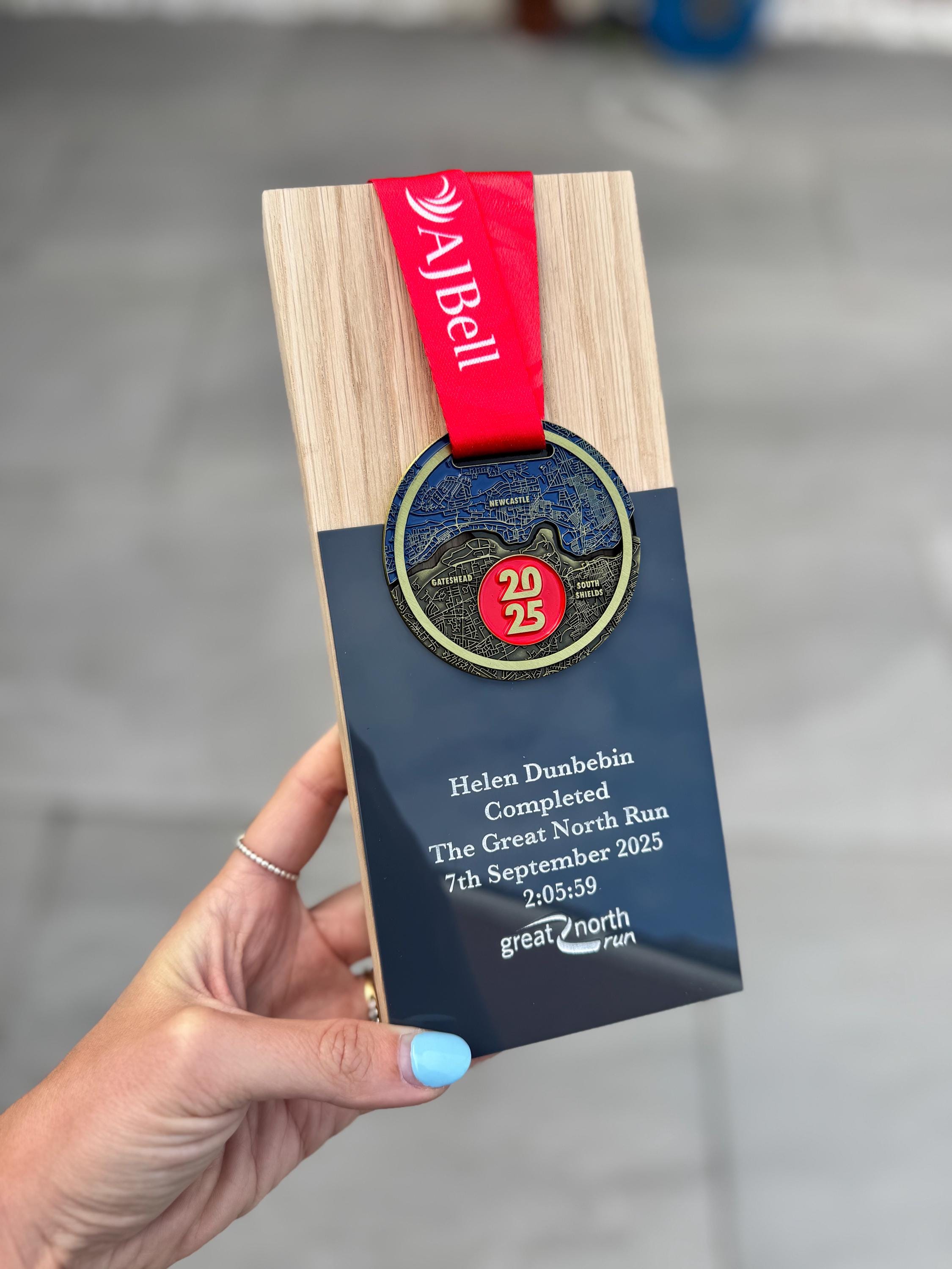 Great North Run 2025 Solid Oak Trophy, Engraved Half Marathon Plaque