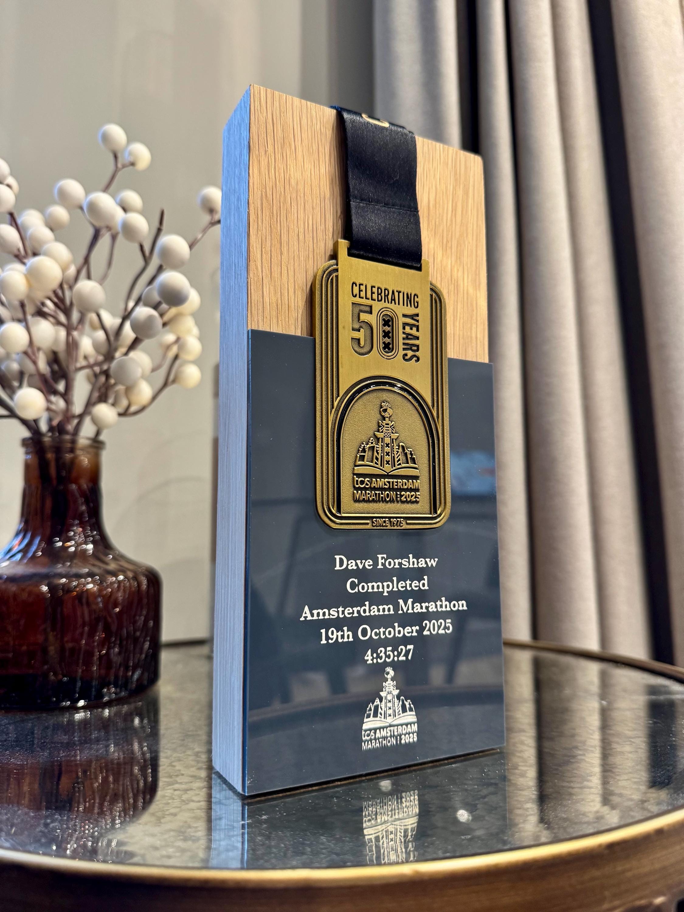 Amsterdam Marathon Trophy Made From Solid Oak Engraved and Personalised With Your Chosen Words