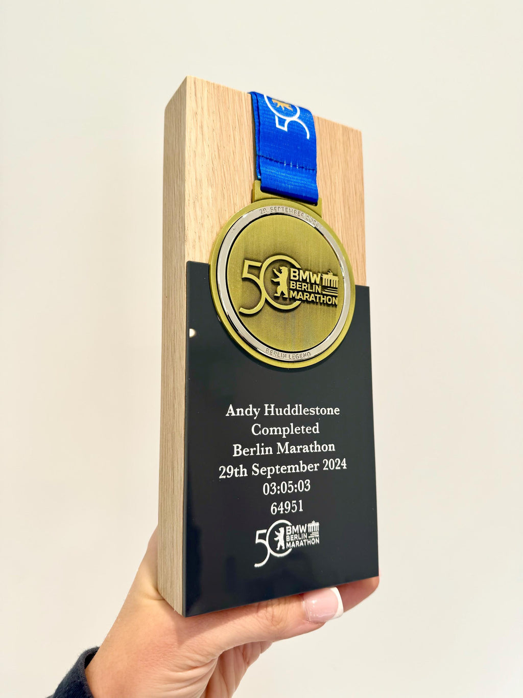 Berlin Marathon Trophy Made From Solid Oak Engraved and Personalised With Your Chosen Words