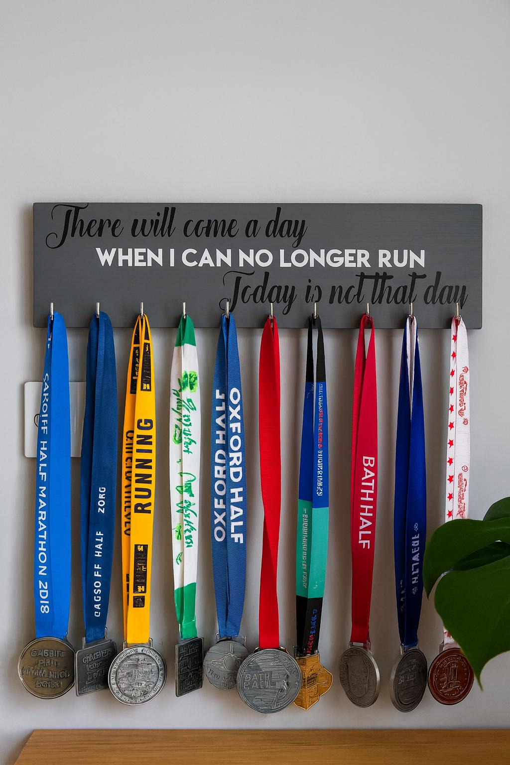 Personalized Medal Hanger with Hooks, Running Quote Decor