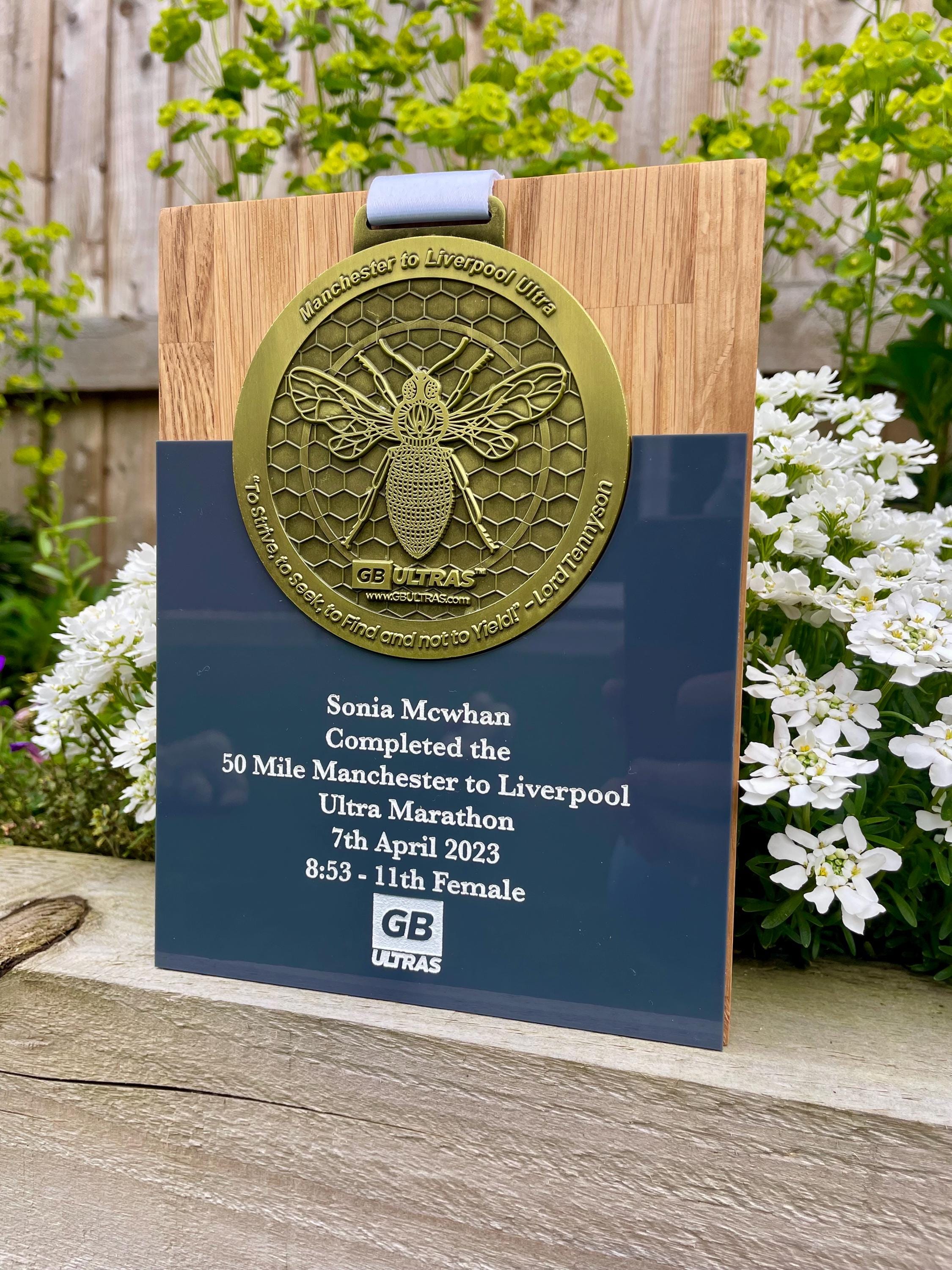 Personalized Ultra Marathon Medal Display, Engraved Solid Oak Trophy