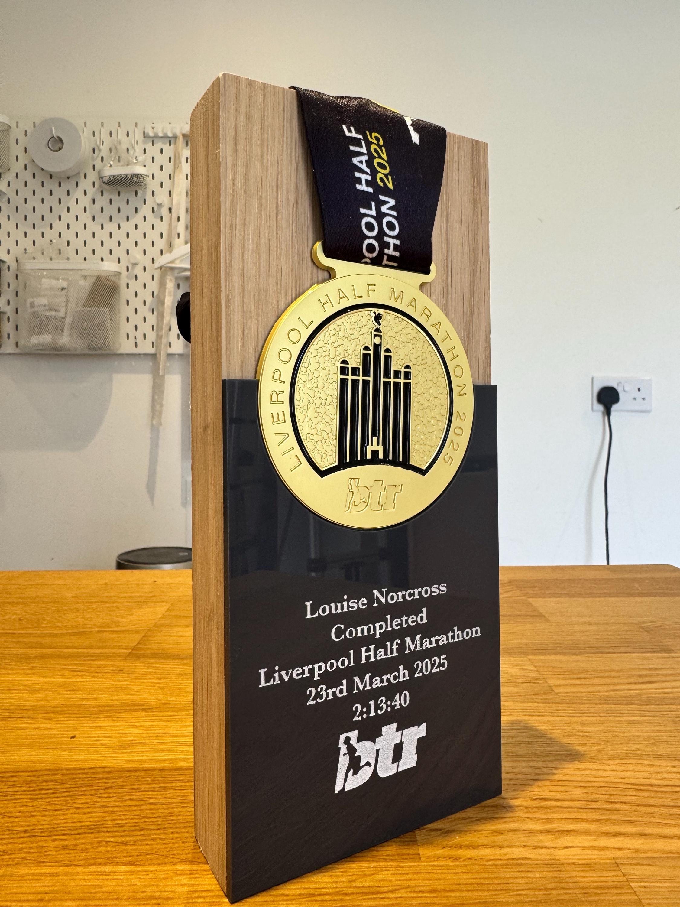 Personalized Liverpool Half Marathon 2025 Solid Oak Trophy Medal