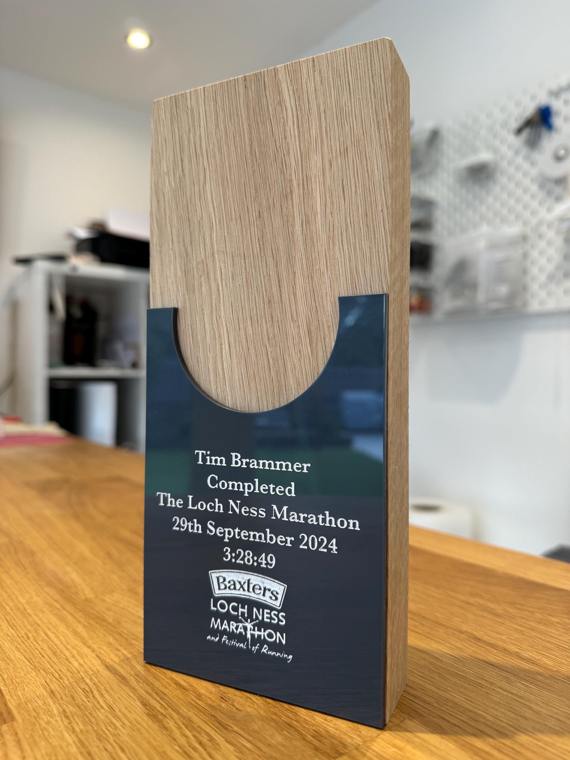Personalised Loch Ness Marathon Trophy, Engraved Solid Oak