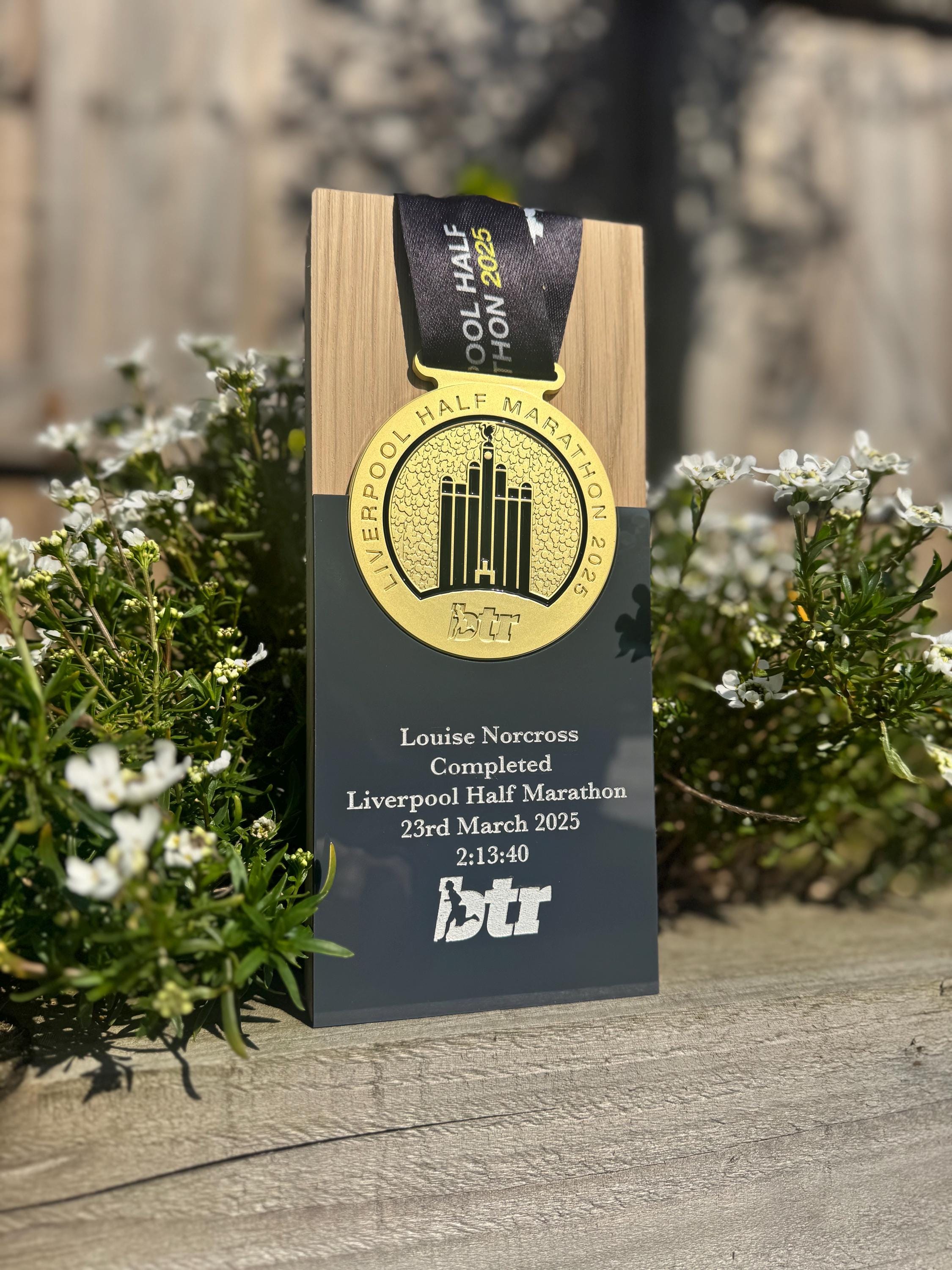 Personalized Liverpool Half Marathon 2025 Solid Oak Trophy Medal