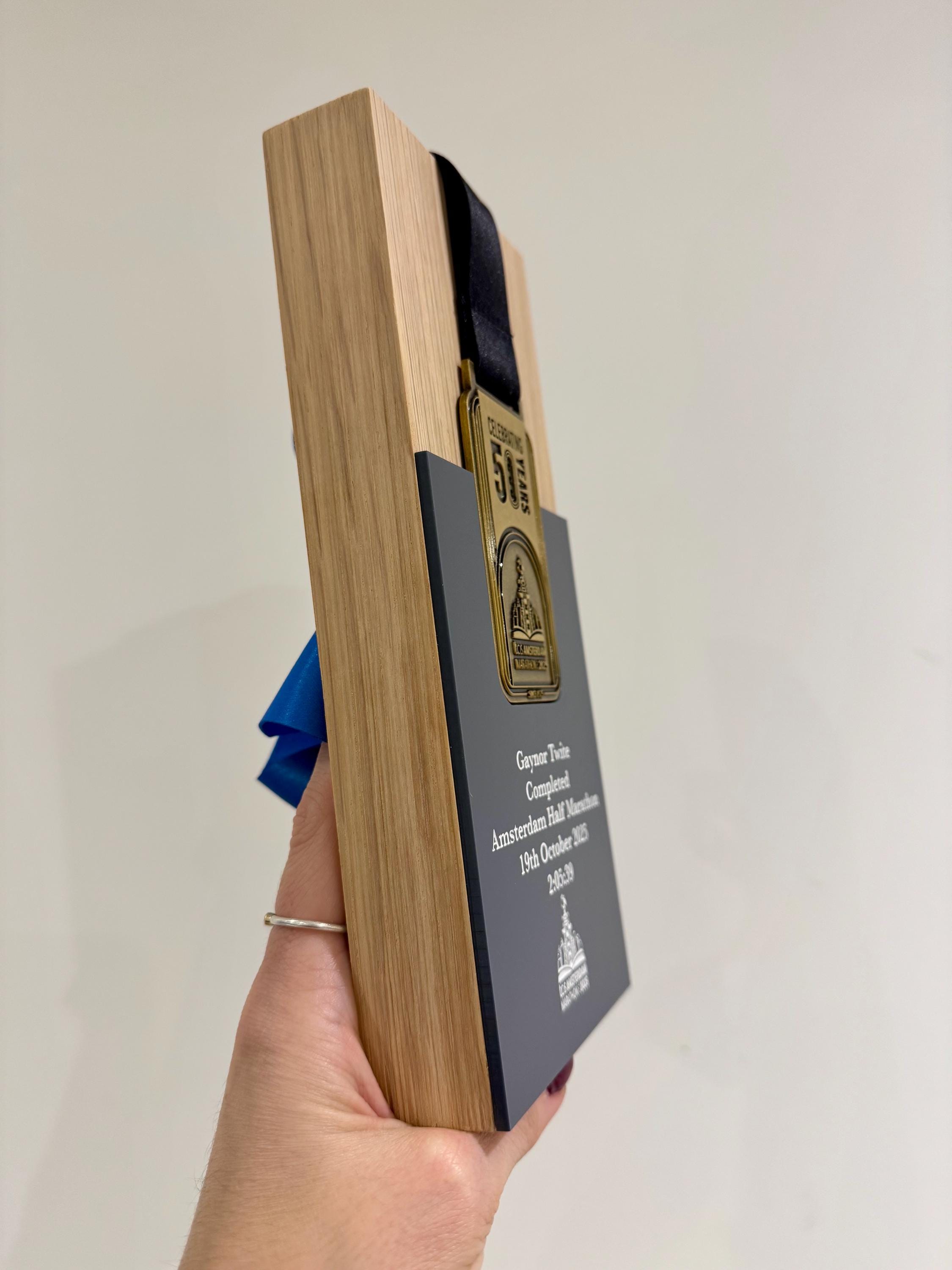 Amsterdam Marathon Trophy Made From Solid Oak Engraved and Personalised With Your Chosen Words