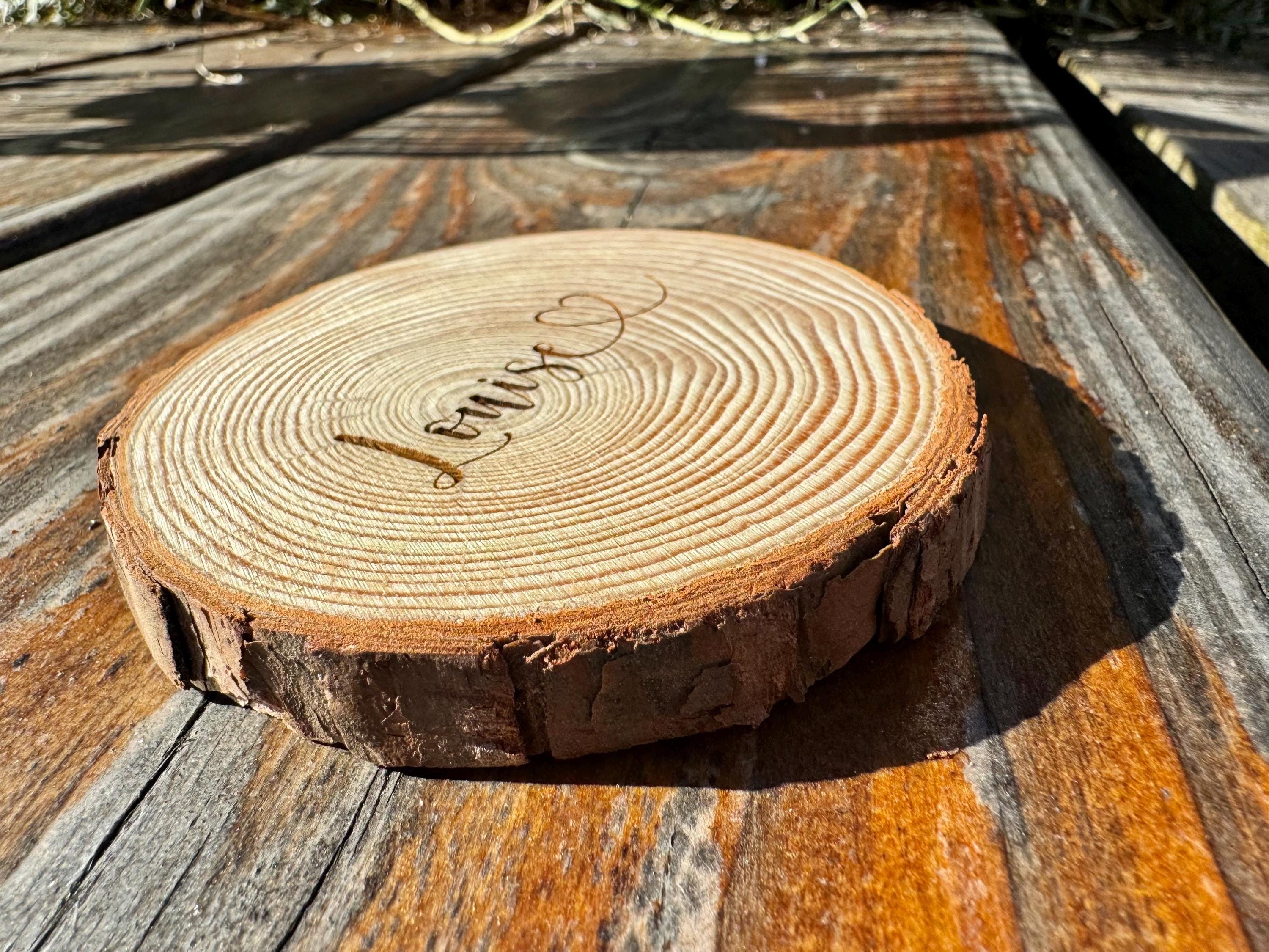 Engraved Wood Slice Place Card: Rustic Wedding Favor, Heart Design (9-10cm