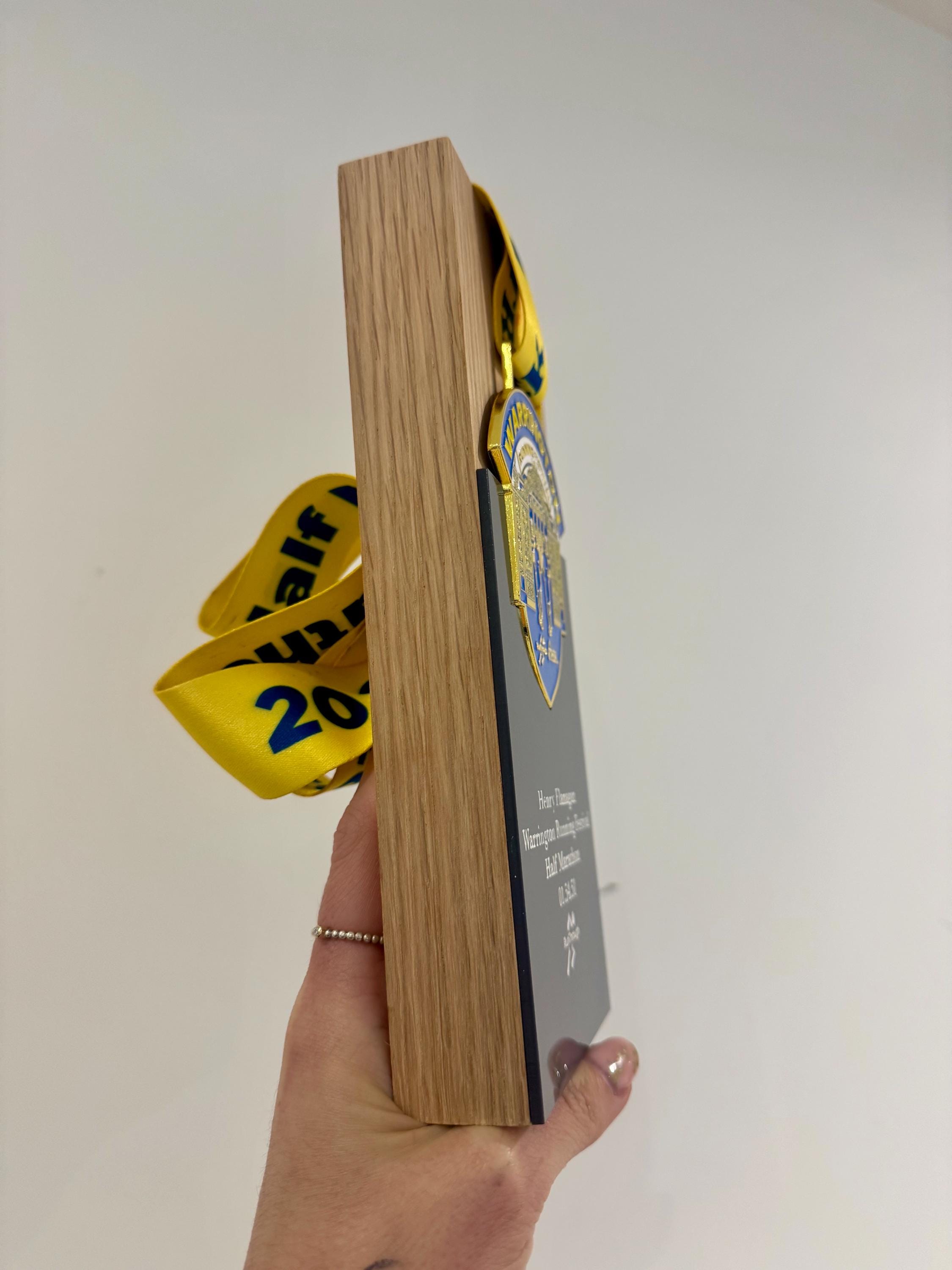 Personalised Oak Warrington Half Marathon Trophy, Engraved Race Keepsake