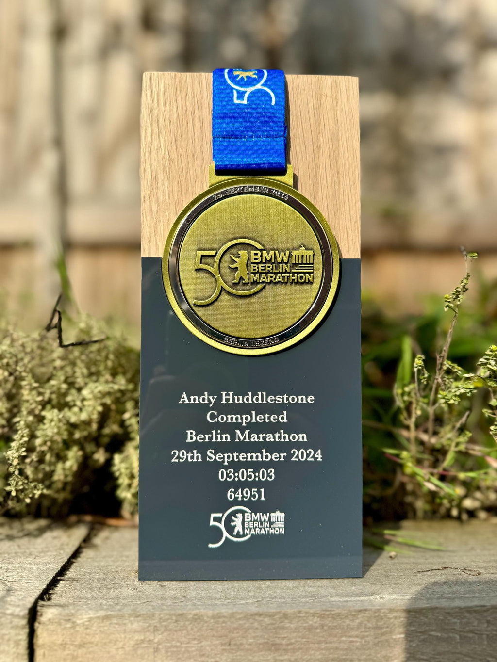 Berlin Marathon Trophy Made From Solid Oak Engraved and Personalised With Your Chosen Words