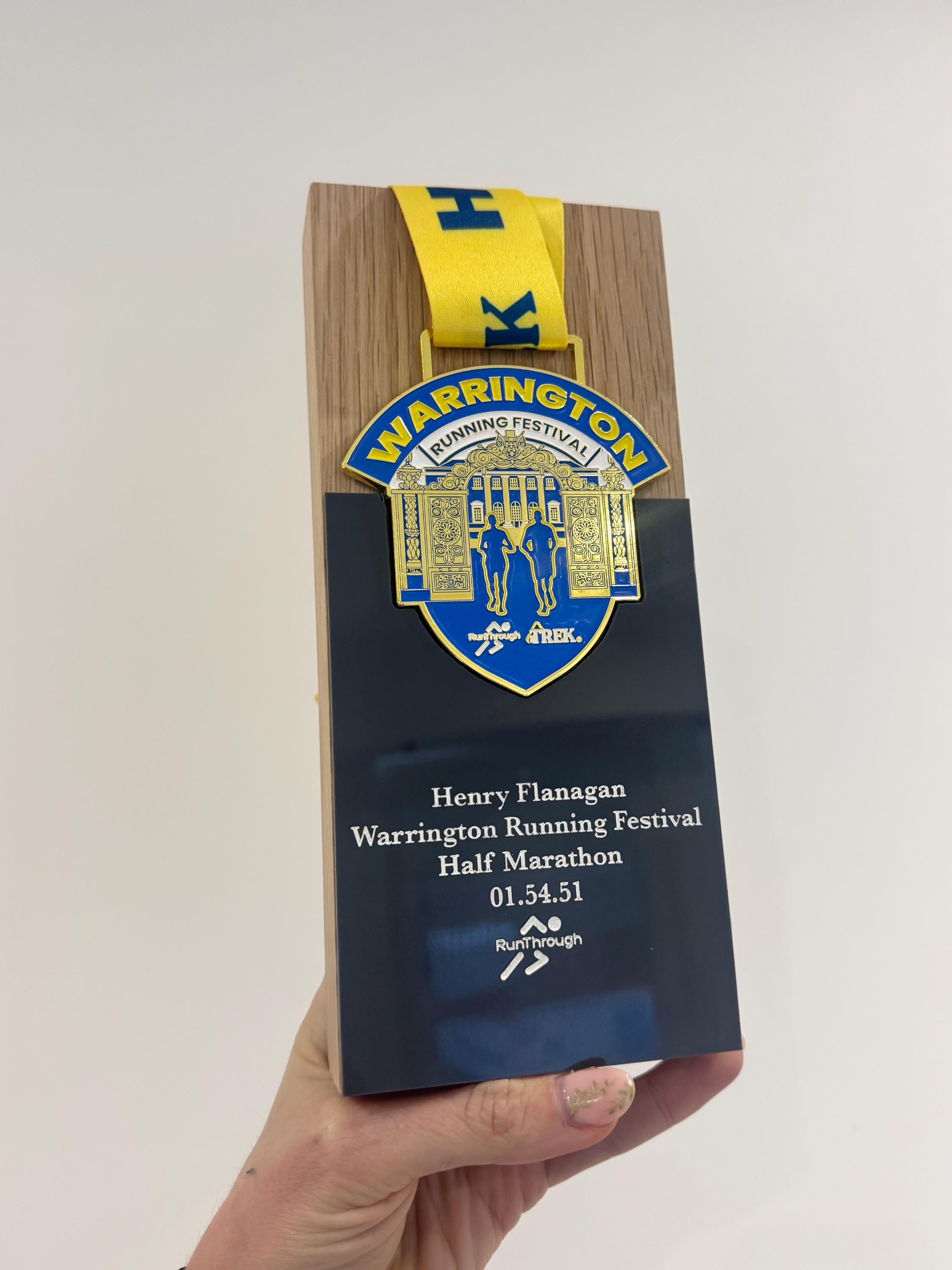 Personalised Oak Warrington Half Marathon Trophy, Engraved Race Keepsake