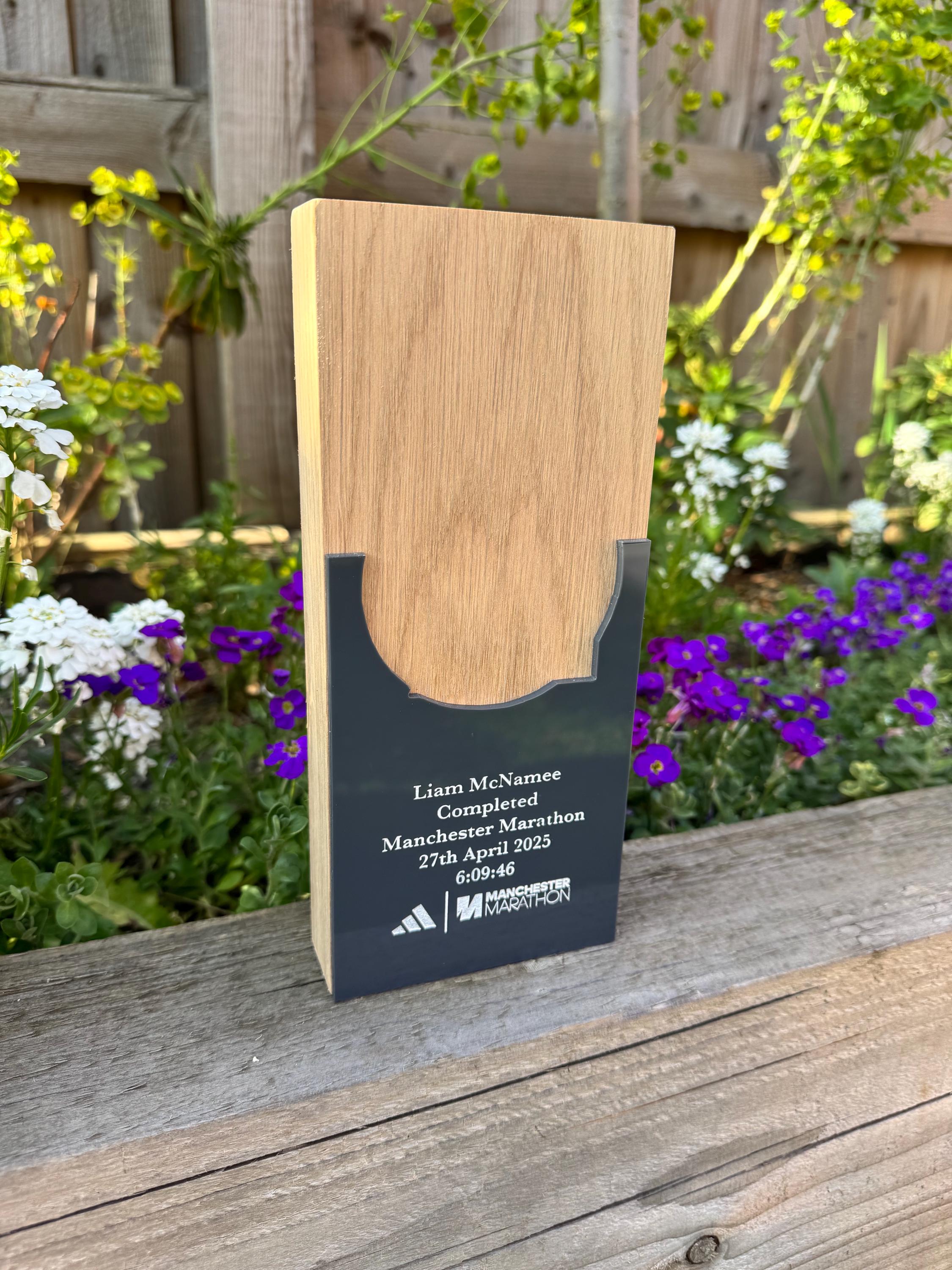 Personalised Manchester Marathon 2025 Solid Oak Trophy Medal