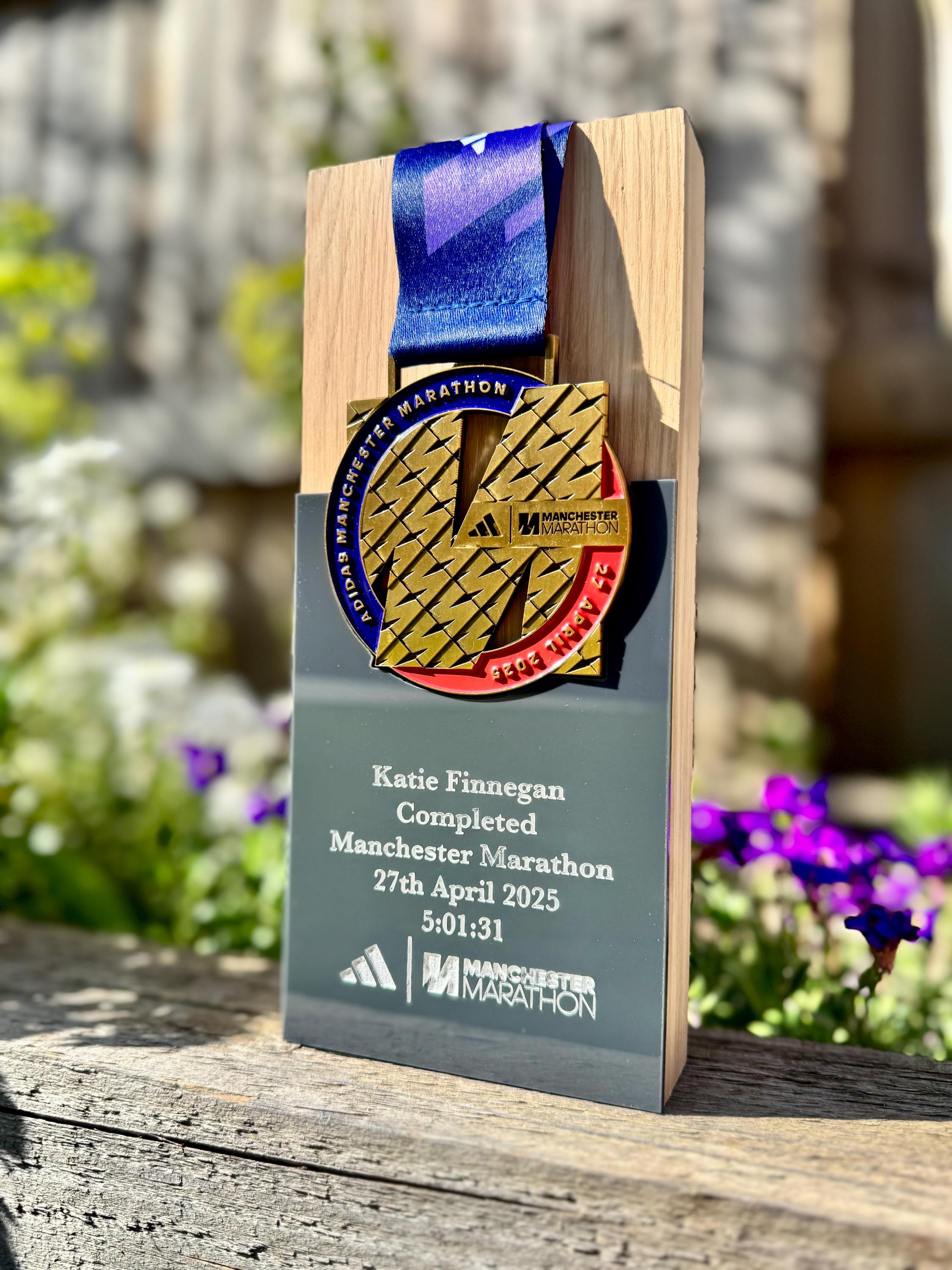 Personalised Manchester Marathon 2025 Solid Oak Trophy Medal