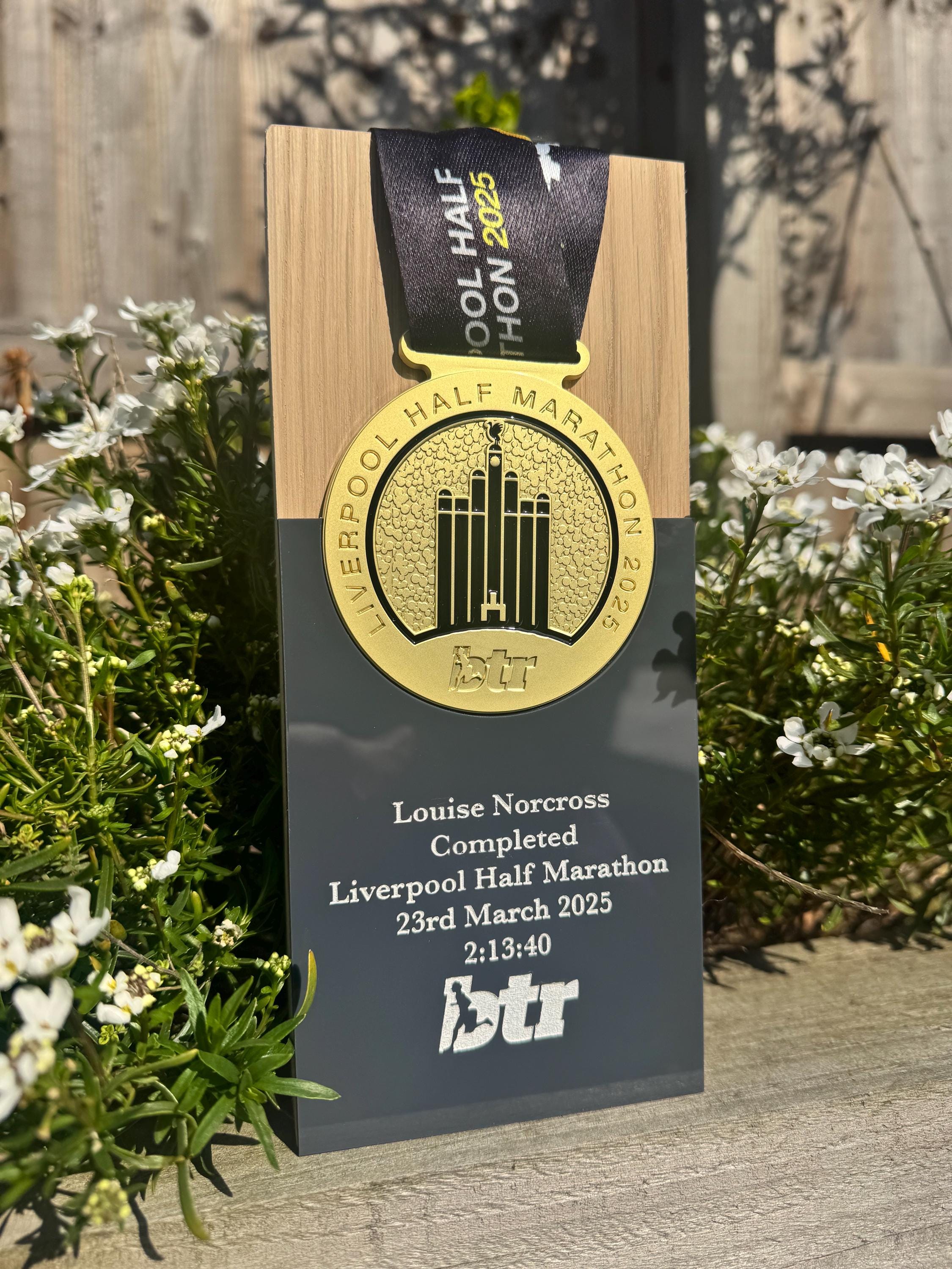 Personalized Liverpool Half Marathon 2025 Solid Oak Trophy Medal