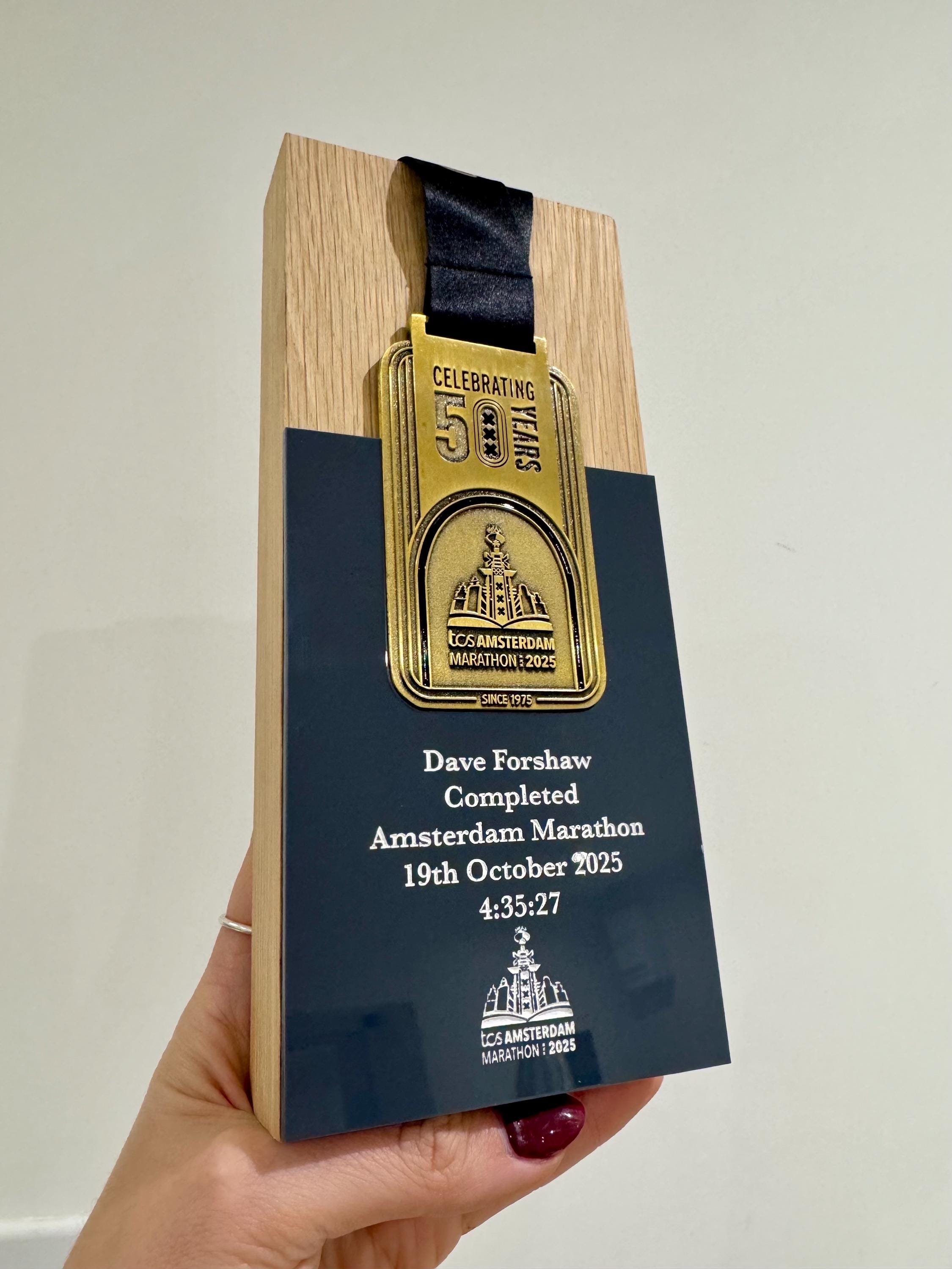 Amsterdam Marathon Trophy Made From Solid Oak Engraved and Personalised With Your Chosen Words