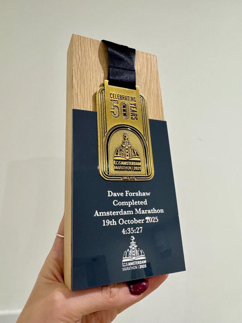 Amsterdam Marathon Trophy Made From Solid Oak Engraved and Personalised With Your Chosen Words