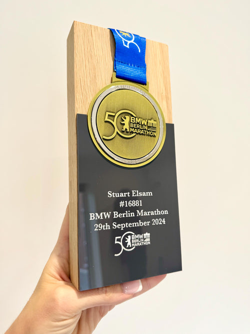 Berlin Marathon Trophy Made From Solid Oak Engraved and Personalised With Your Chosen Words