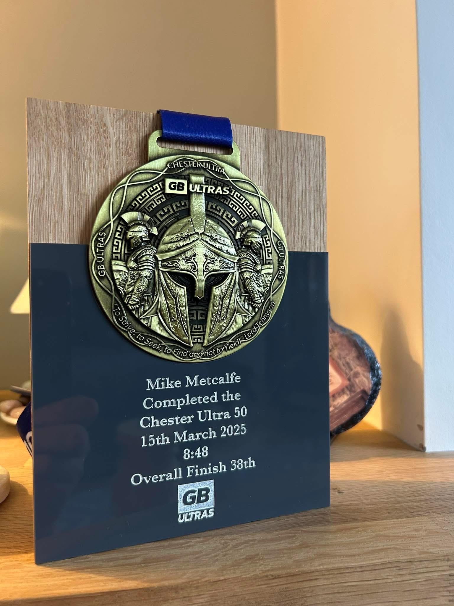 Personalized Ultra Marathon Medal Display, Engraved Solid Oak Trophy