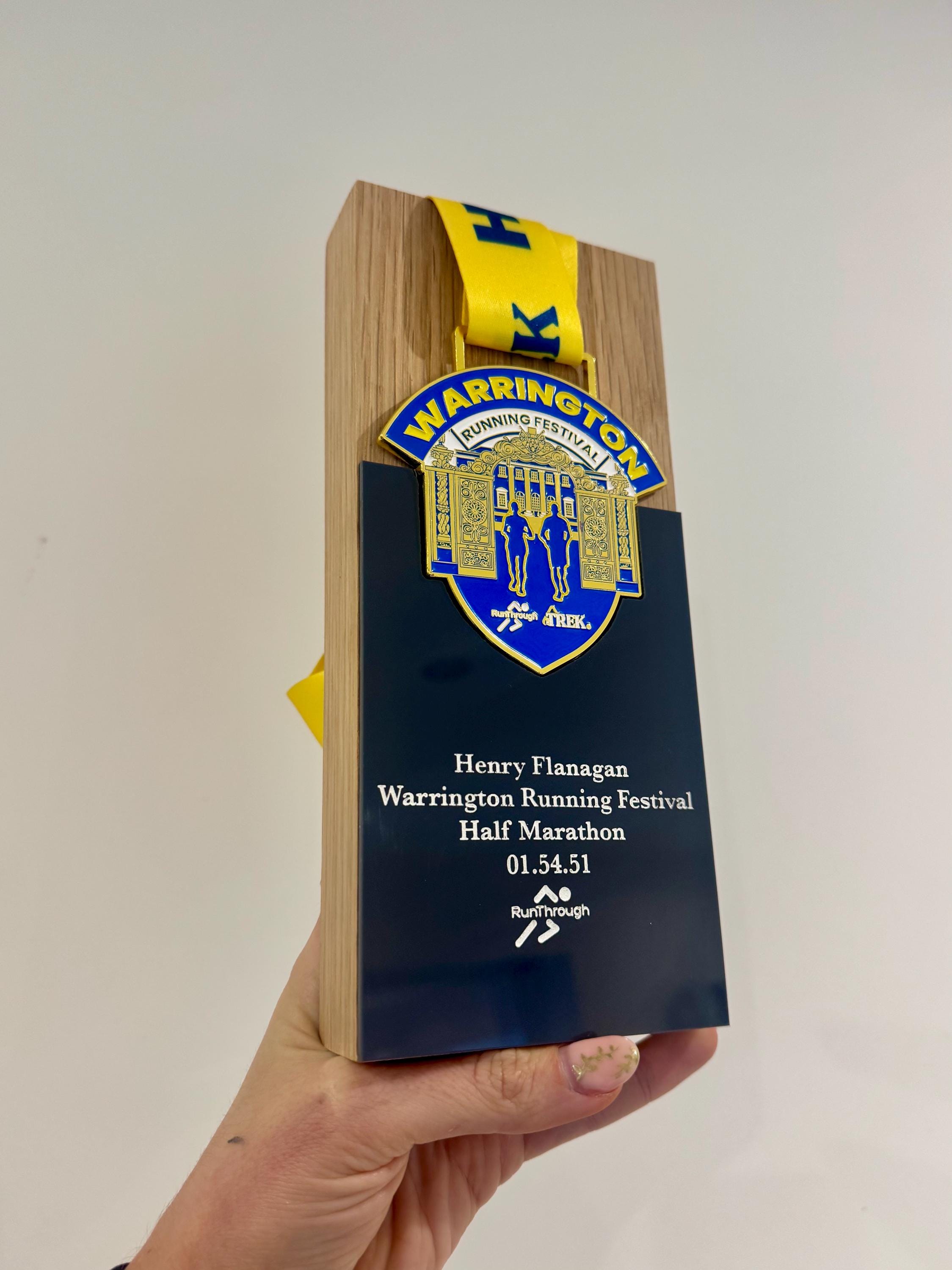 Personalised Oak Warrington Half Marathon Trophy, Engraved Race Keepsake
