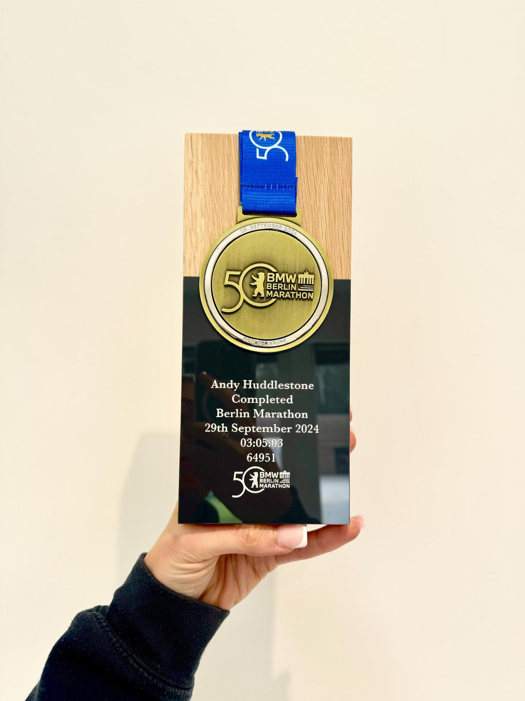 Berlin Marathon Trophy Made From Solid Oak Engraved and Personalised With Your Chosen Words